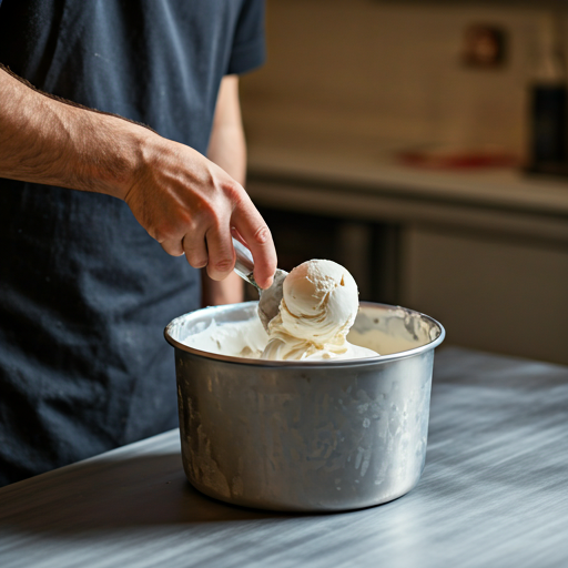 Maestro heladero extrayendo gelato con una pala tradicional